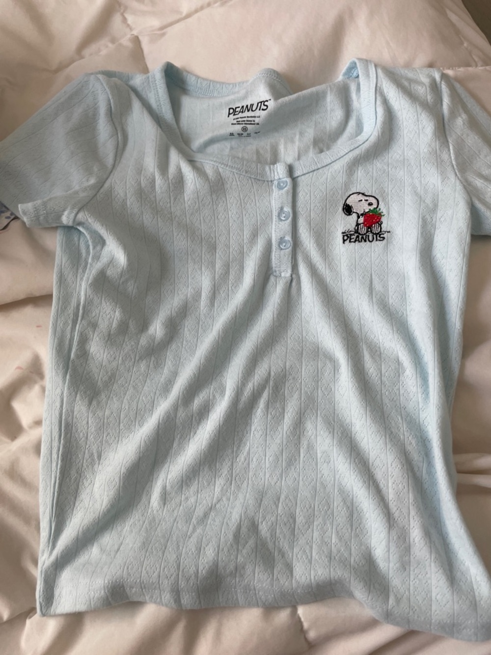 Peanuts Light Blue Short Sleeve Girls' Tee with Snoopy Strawberry Embroidery